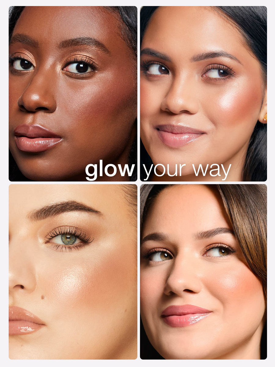 Collage of four women's faces with the text 'glow your way' in the center.
