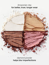 Makeup product with color swatches and text about Amazonian clay and diamond powder on a white background