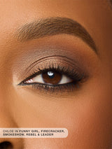 Close-up of a brown eye with makeup, featuring product names.