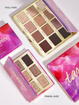 Makeup palette with 'tarte' branding, full-size and travel-size options shown.