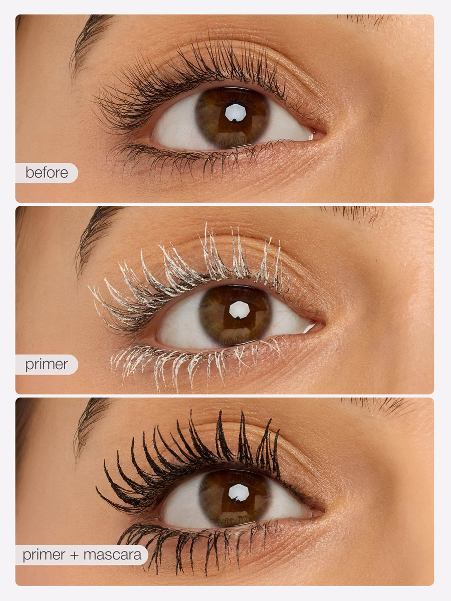 Before and after comparison of eye makeup application with primer and mascara.