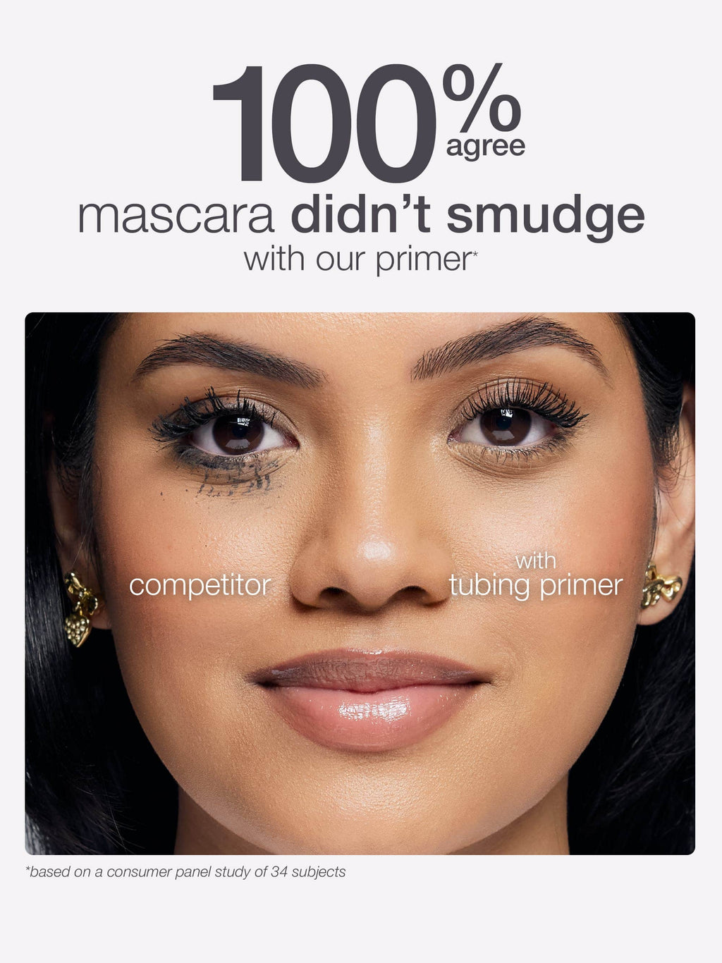 Advertisement for mascara and primer showing a close-up of a woman's face with text indicating product effectiveness.