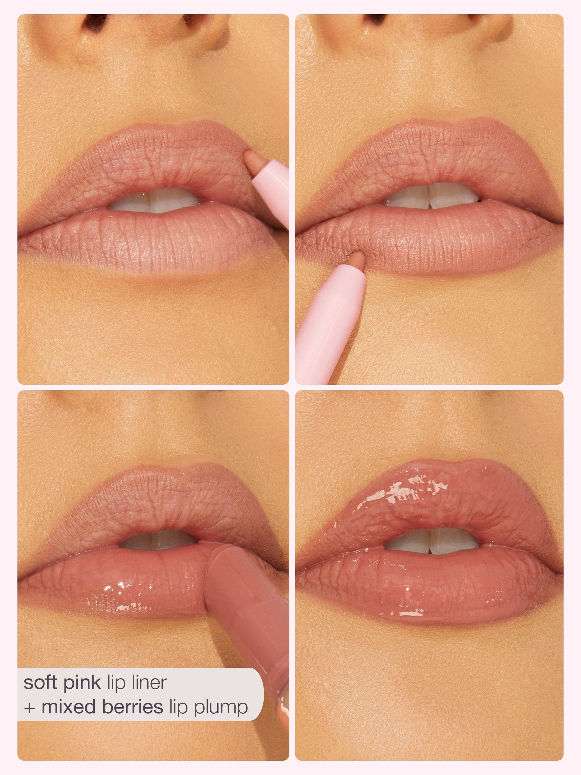 Collage of lips with soft pink lip liner and mixed berries lip plump on a beige background.