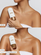 Before and after comparison of a person using a skincare product labeled 'Mandy in Champagne Glow'.