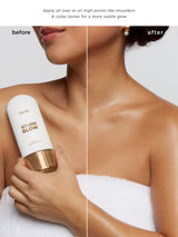 Before and after comparison of a woman applying a tan product labeled 'Key Largo Glow' on her skin.