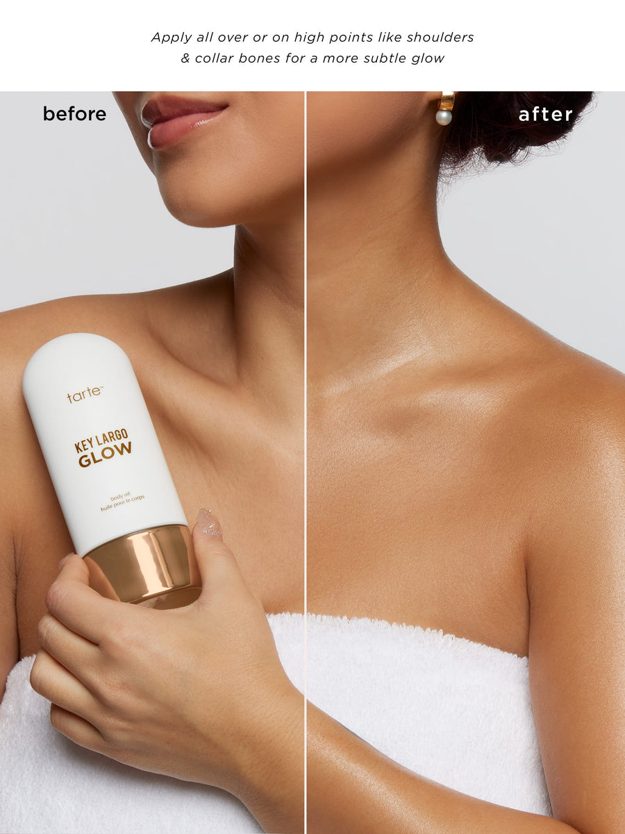 Before and after comparison of a woman applying a tan product labeled 'Key Largo Glow' on her skin.