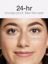 Before and after comparison of eye makeup application on a woman's face.