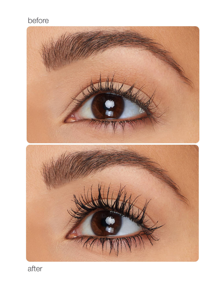 Before and after comparison of an eye with eyelashes, showing the effect of eyelash extensions.