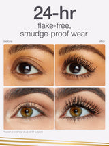 Before and after comparison of eye makeup application with text '24-hr flake-free, smudge-proof wear'.
