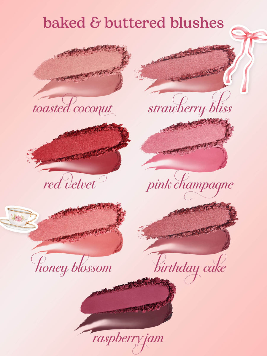 Six lip color swatches smeared and crushed to show powder and cream textures, arranged in two columns on a pale pink gradient background; labels read toasted coconut, strawberry bliss, red velvet, pink champagne, honey blossom, birthday cake; small decorative teacup and ribbon stickers in corners.