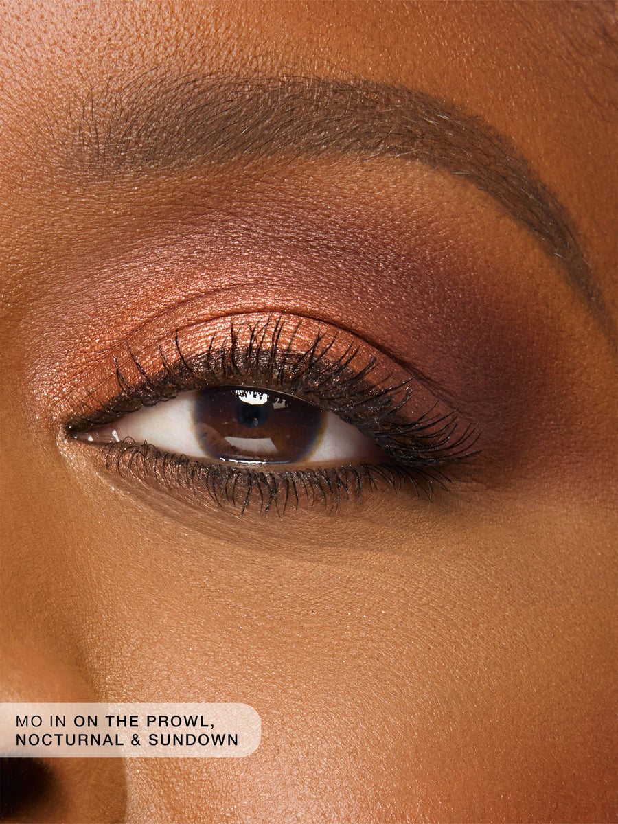 Close-up of a brown eye with makeup, featuring the product names 'Mo in on the Prowl', 'Nocturnal', and 'Sundown'.