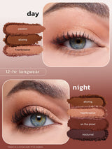 Eyeshadow swatches and application on eyes with 'day' and 'night' labels.