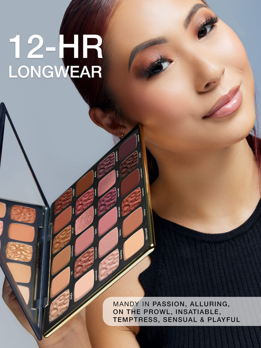 Makeup palette with a model wearing long-wear makeup, featuring the text '12-HR LONGWEAR'.