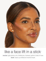 Woman with makeup application lines on her face and text about cosmetic product use.