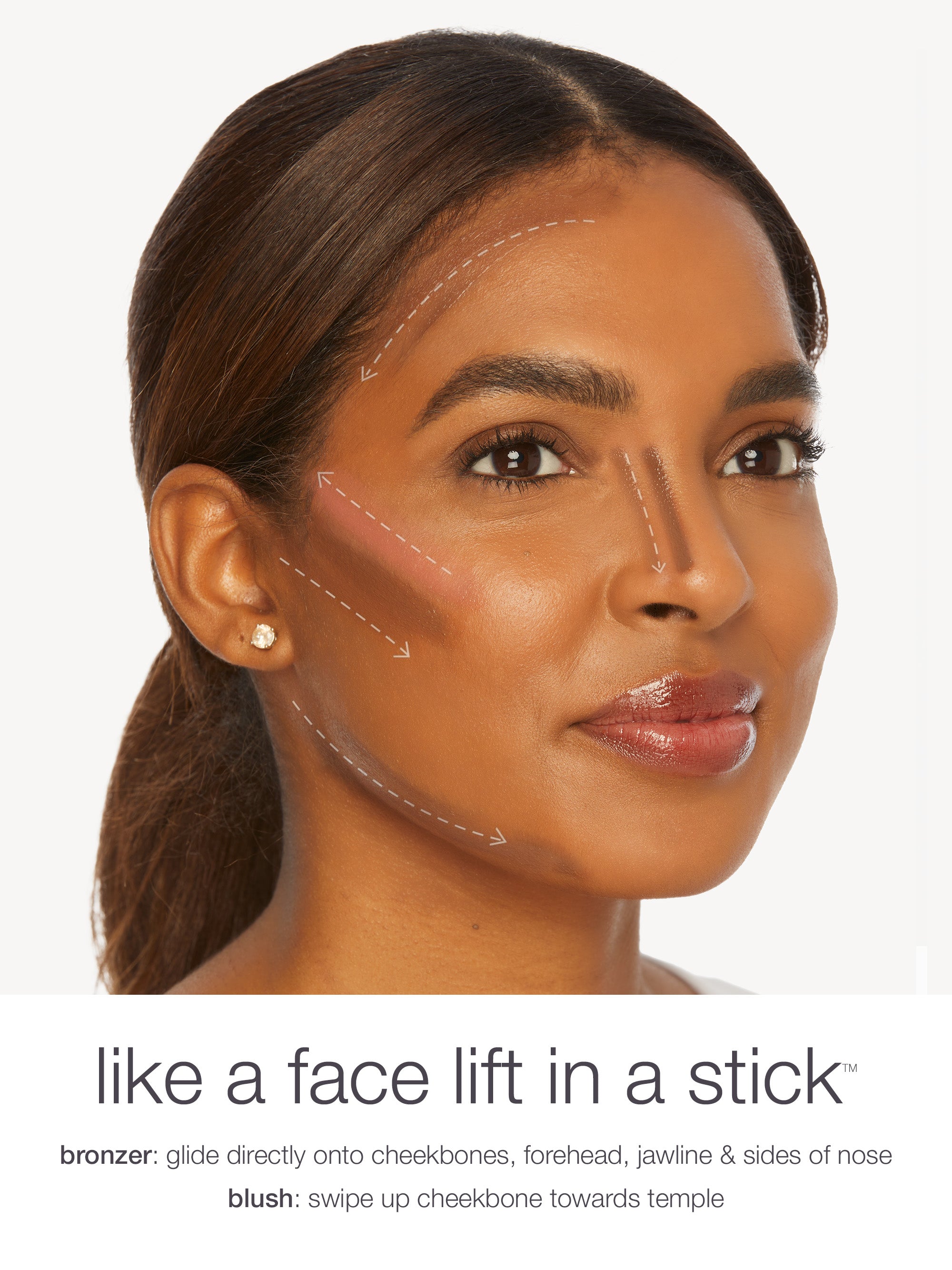 Woman with makeup application lines on her face and text about cosmetic product use.