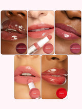 Collage of maracuja juicy lip oil with close-up shots on lips and color swatches.