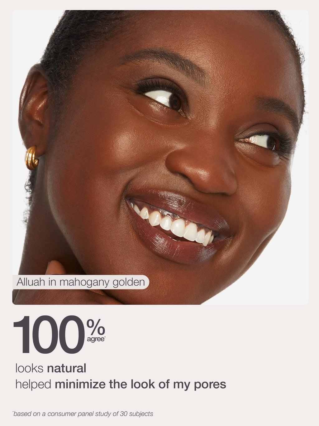 Woman with a smile, wearing earrings, with text about skin care product effectiveness.