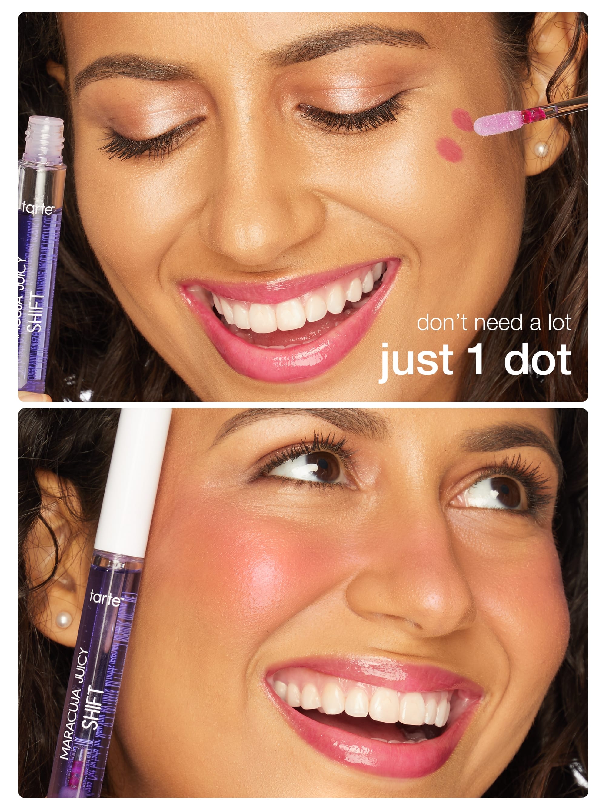 Advertisement for a makeup product showing a woman applying it to her face with close-up shots of the product.