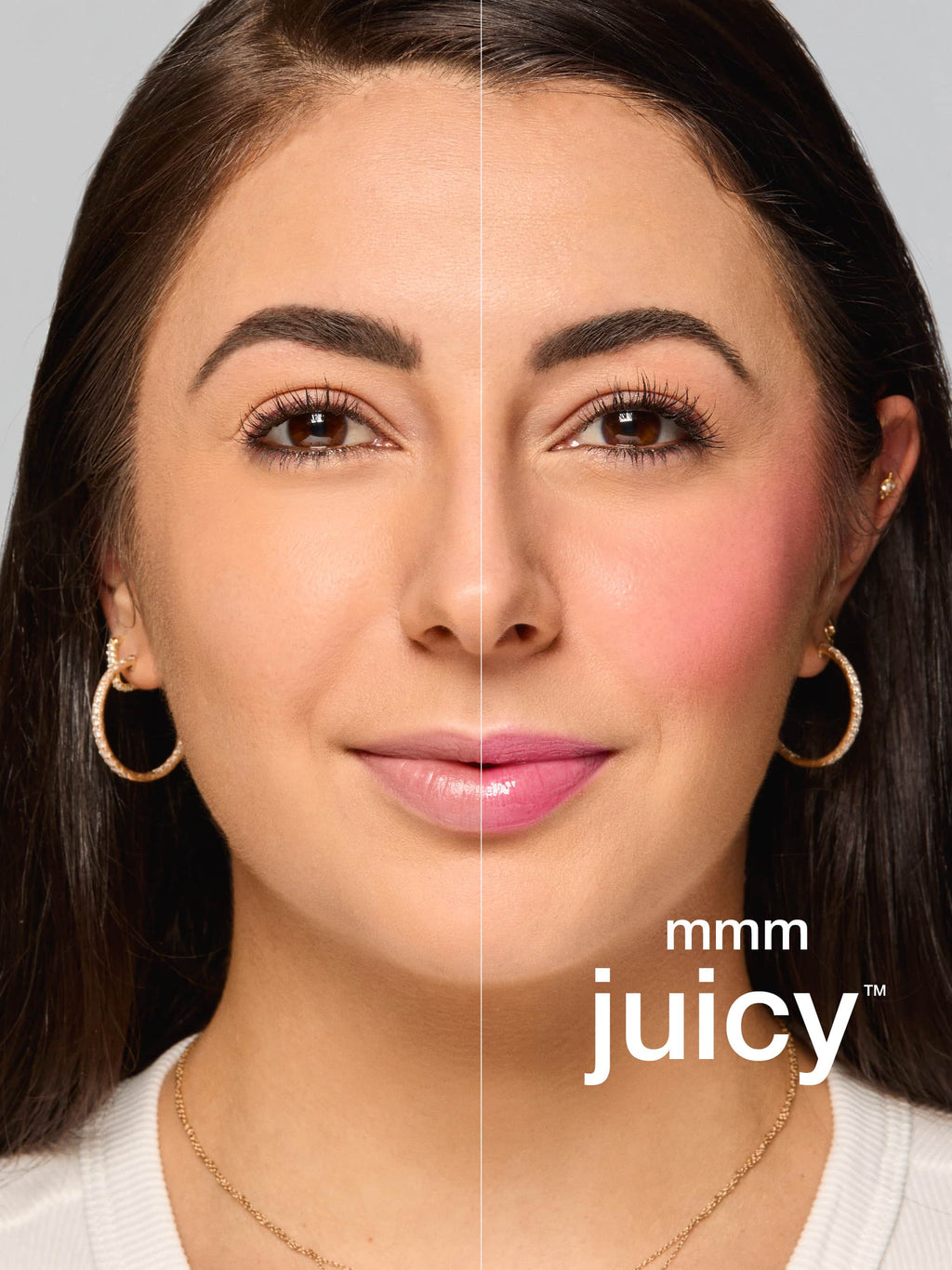 Woman with makeup labeled 'mmm juicy' and 'Marina wears sour candy'.