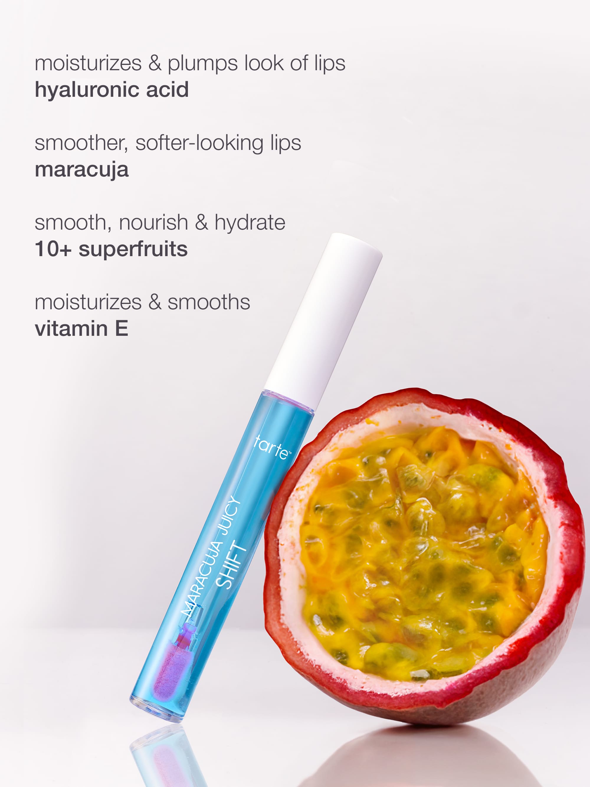 Lip balm with maracuja fruit on a white background