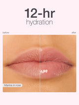 Before and after comparison of lips with 12-hour hydration effect, labeled 'Marina in rose'.