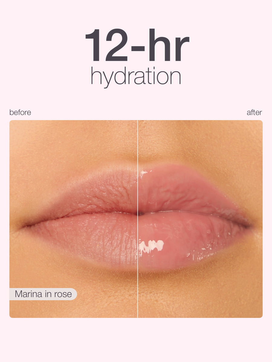 Before and after comparison of lips with 12-hour hydration effect, labeled 'Marina in rose'.
