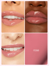 Collage of lips wearing a rose-colored lipstick with a swatch labeled 'rose'.