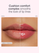 Before and after comparison of cushion comfort complex on lips with Laiba in hibiscus branding.