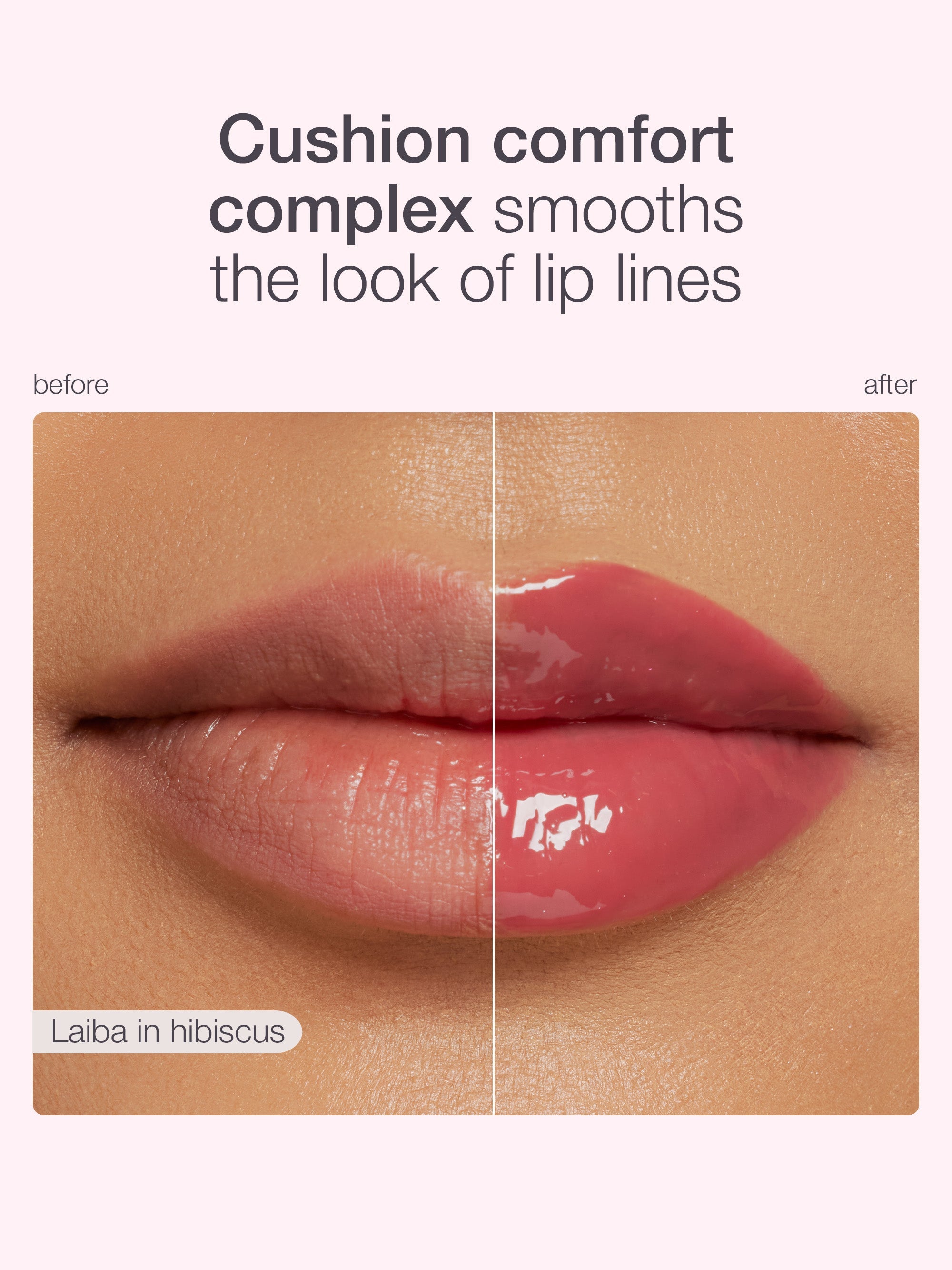 Before and after comparison of cushion comfort complex on lips with Laiba in hibiscus branding.
