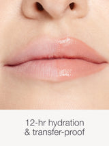 Close-up of lips with a smooth texture, labeled '12-hour hydration & transfer-proof'.
