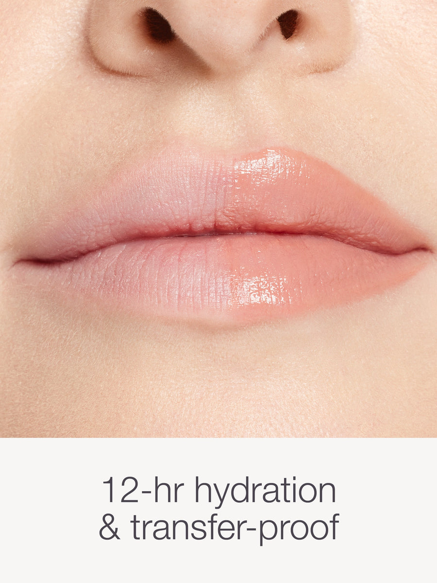 Close-up of lips with a smooth texture, labeled '12-hour hydration & transfer-proof'.