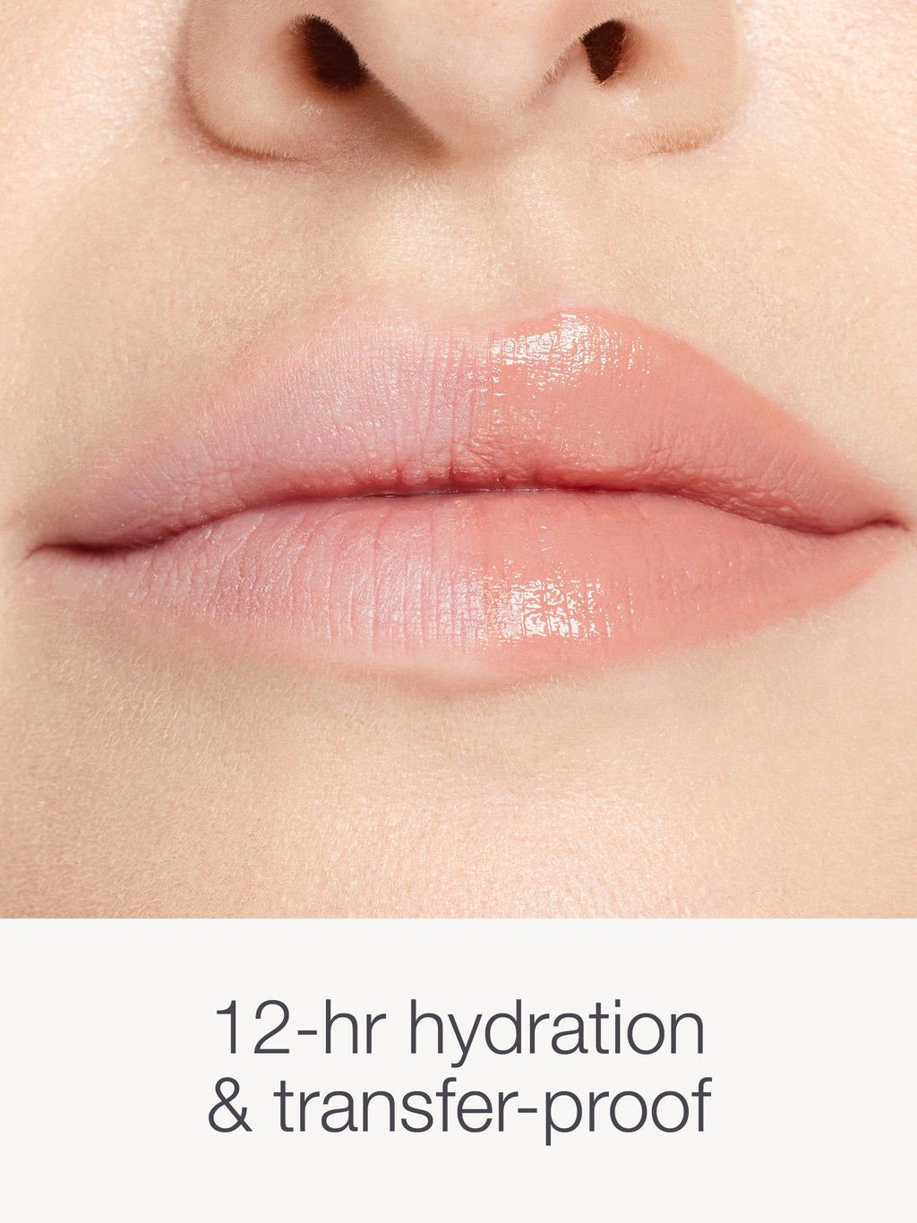 Close-up of lips with a smooth texture, labeled '12-hour hydration & transfer-proof'.