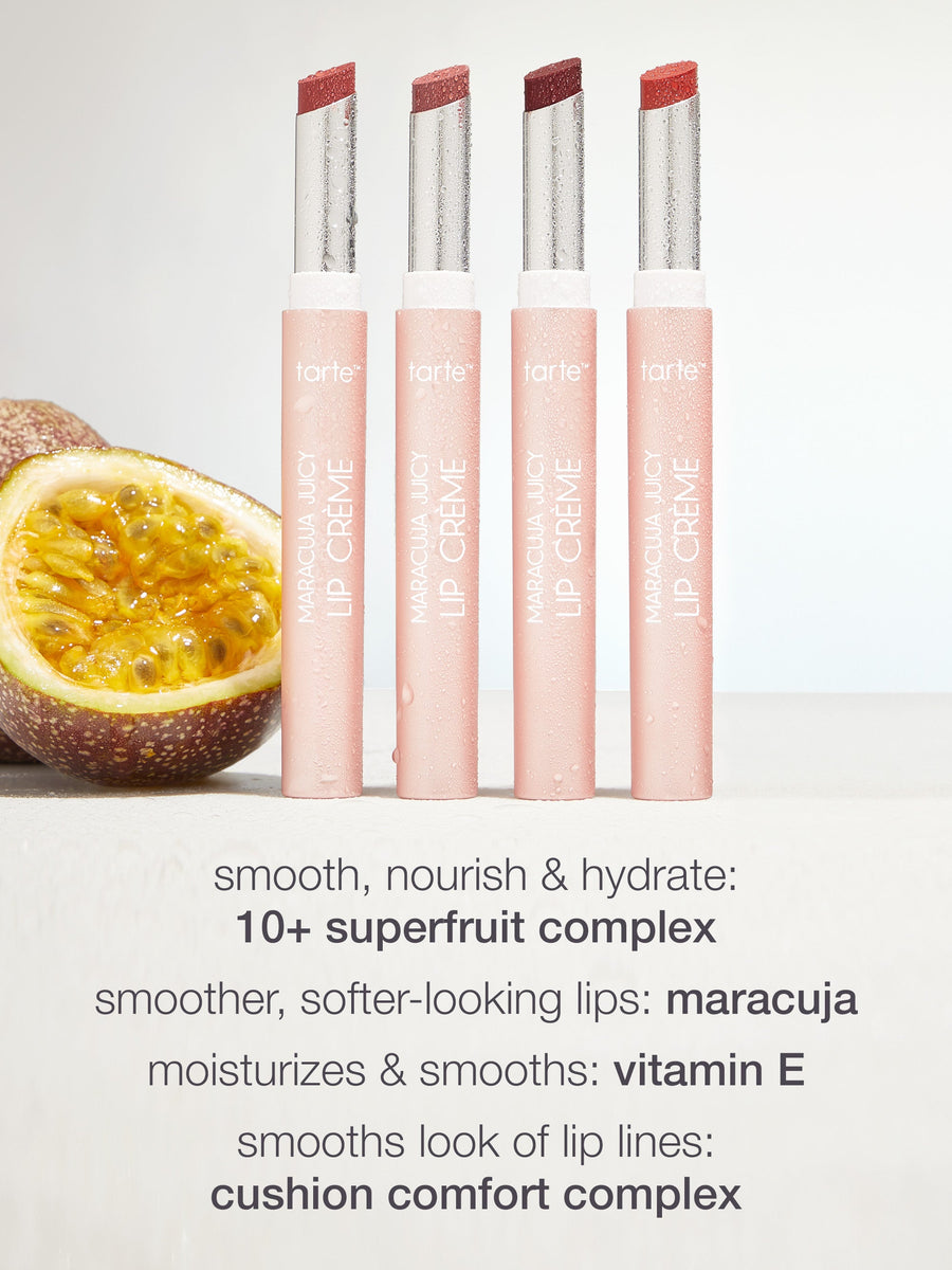 Set of lip balms with a passion fruit on a white background