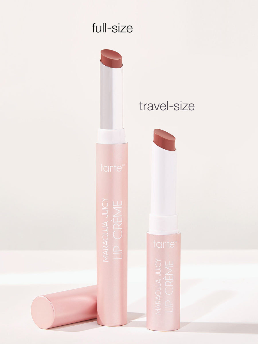Two lip crèmes, one full-size and one travel-size, on a white background with 'tarte' branding.