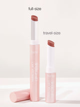 Two lip crèmes, one full-size and one travel-size, on a white background with 'tarte' branding.
