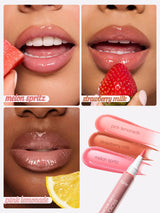 Glossy lips and a Tarte maracuja juicy lip-gloss tube showcase three shades; top-left bites watermelon, top-right holds a strawberry, bottom-left displays a lemon slice near lips. Text: melon spritz; strawberry milk; pink lemonade; tarte.