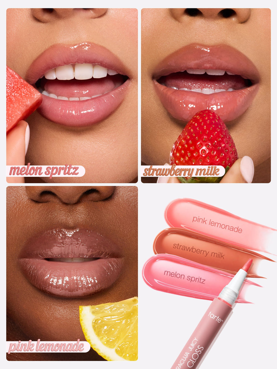 Glossy lips and a Tarte maracuja juicy lip-gloss tube showcase three shades; top-left bites watermelon, top-right holds a strawberry, bottom-left displays a lemon slice near lips. Text: melon spritz; strawberry milk; pink lemonade; tarte.