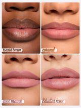 Four close-up shots of lips wearing different matte lip shades, arranged in a two-by-two grid. Each panel labeled: toasted brown; caramel; cool mauve; blushed rose.