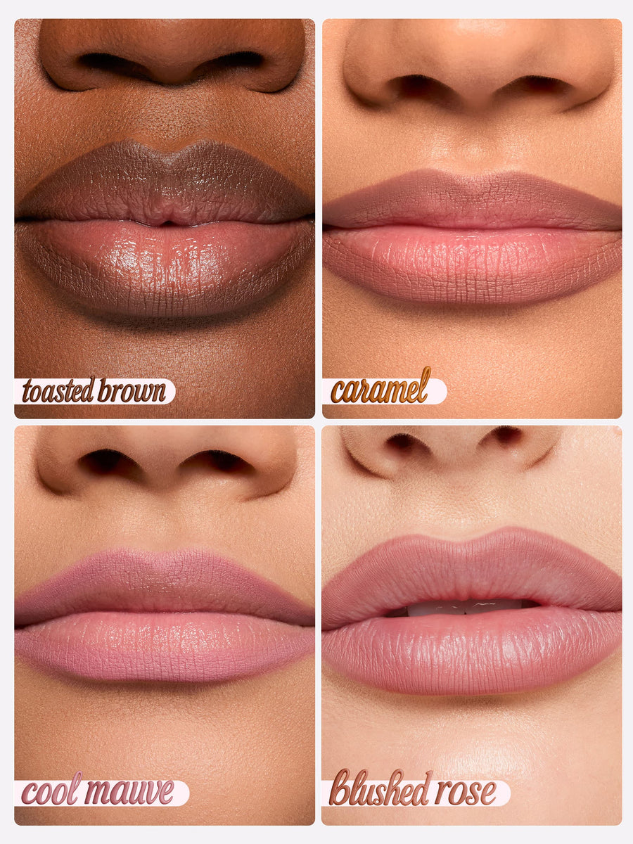 Four close-up shots of lips wearing different matte lip shades, arranged in a two-by-two grid. Each panel labeled: toasted brown; caramel; cool mauve; blushed rose.