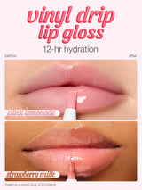 Two close-up lips glossed with an applicator in before/after panels — top pale pink, bottom warm nude. Text: vinyl drip lip gloss; 12-hr hydration*; before; after; pink lemonade; strawberry milk; *based on a clinical study of 33 subjects.
