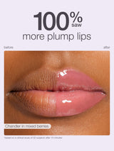 Lips appear plump and glossy after using Tarte Cosmetics product, transitioning from a natural state. Text: 100% saw more plump lips, before, after, Chandler in mixed berries, and *based on a clinical study of 32 subjects after 10 minutes.