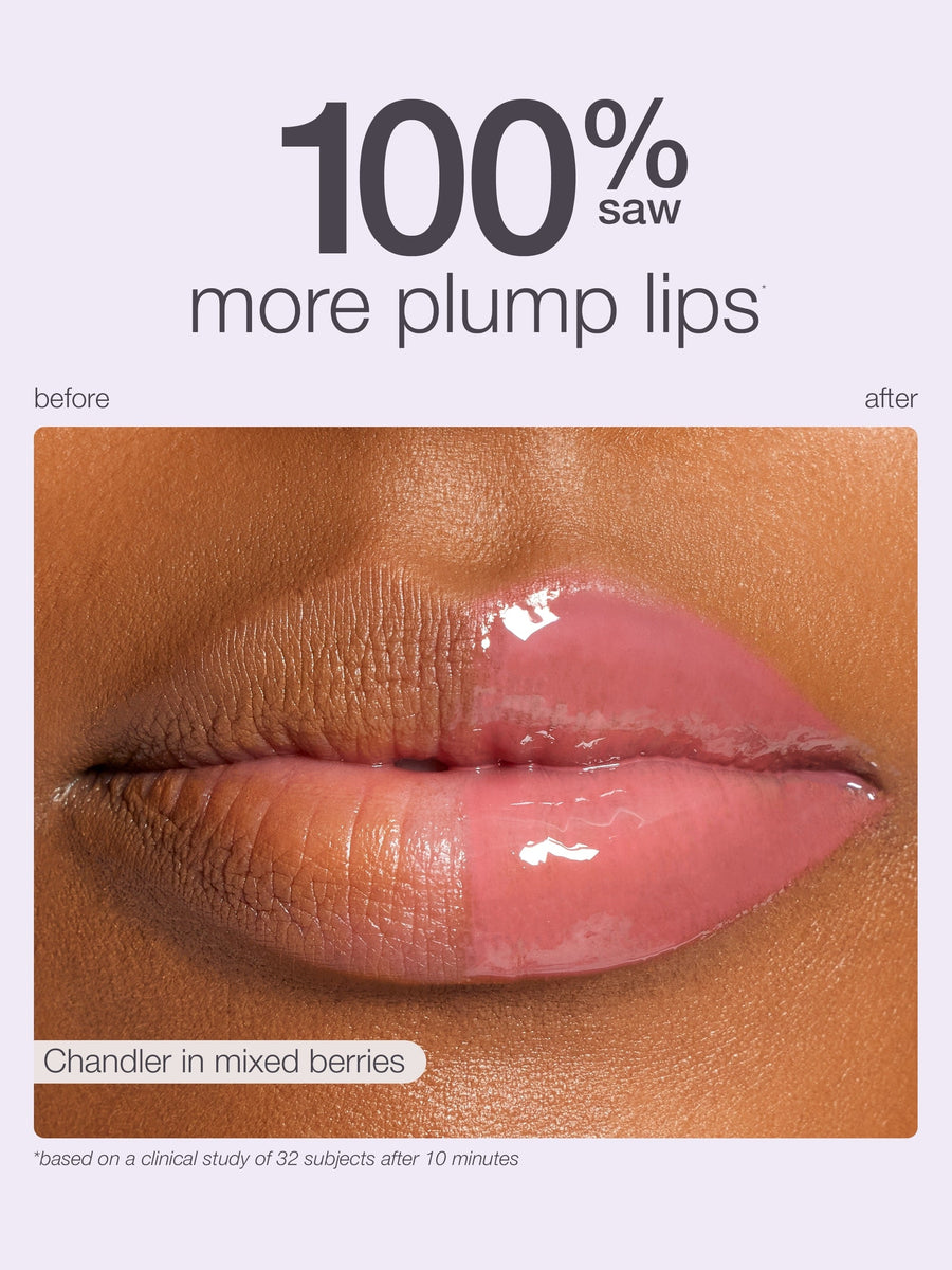 Lips appear plump and glossy after using Tarte Cosmetics product, transitioning from a natural state. Text: 100% saw more plump lips, before, after, Chandler in mixed berries, and *based on a clinical study of 32 subjects after 10 minutes.