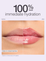 Lips showing hydration improvement; left side matte, right side glossy. Text: 100% saw immediate hydration, before, after, Clare in mixed berries, **based on a clinical study of 32 subjects.