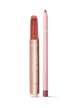 A lipstick and lip liner are standing upright on a white background. The lipstick reads tarte MARACUJA JUICY LIP PLUMP, and the lip liner reads tarte MARACUJA JUICY LIP LINER.