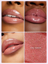 Glossy lips shimmer with rosy mauve color under different lighting. Close-up views highlight texture and shine. Text reads rosy mauve on a glittery background.