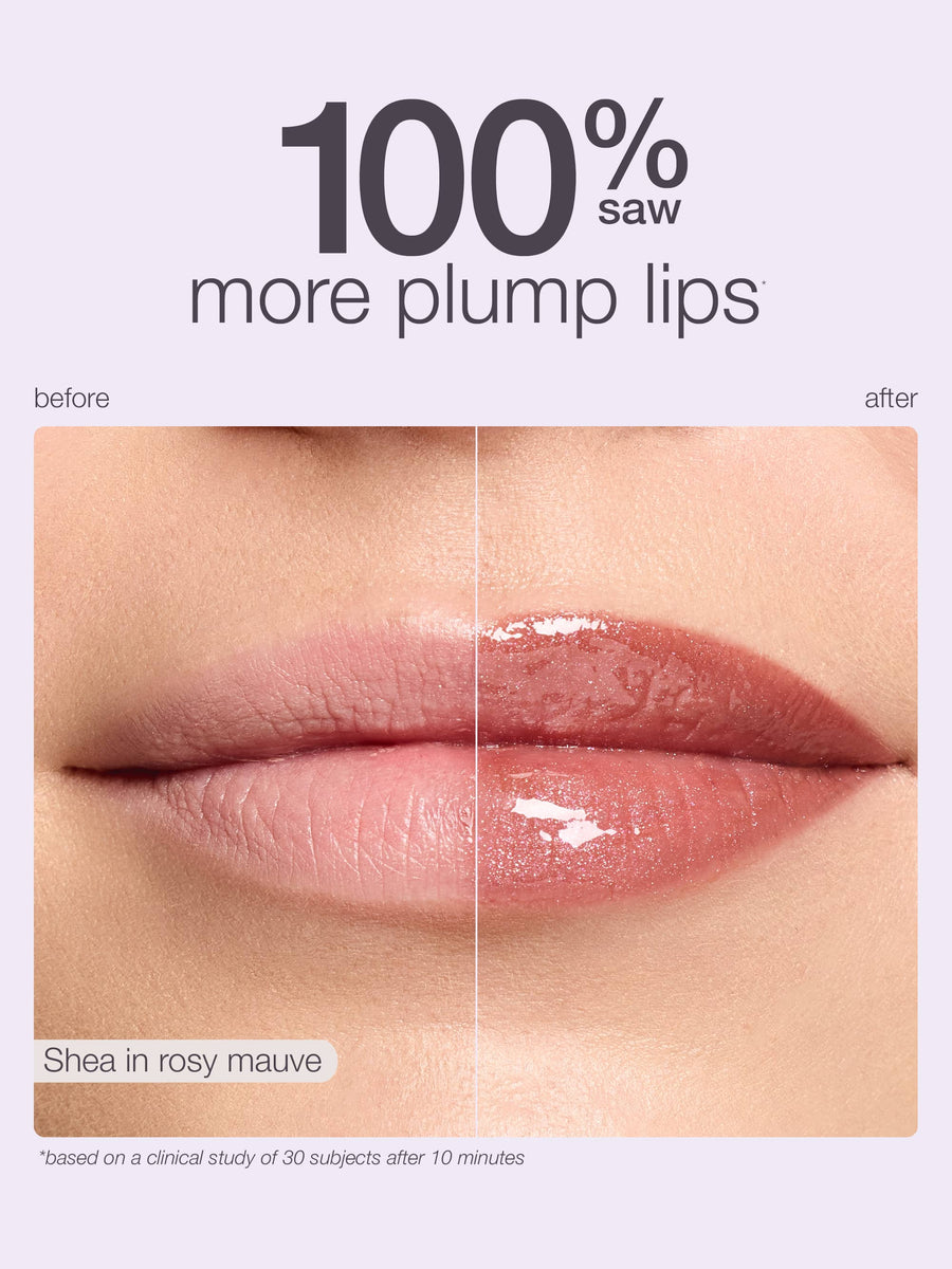 Lips appear plumper after using Tarte Cosmetics' product, shown in a before-and-after comparison labeled Shea in rosy mauve. Text states, 100% saw more plump lips, based on a clinical study.