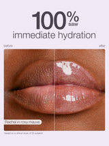 Lips show visible hydration improvement, transitioning from matte to glossy. Accompanying text: 100% saw immediate hydration, before, after, Rachel in rosy mauve, *based on a clinical study of 30 subjects.