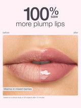 Lip product advertisement showing before and after effects with '100% more plump lips' text.