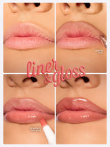 Lips being lined and glossed in a four-panel close-up: caramel liner applied upper right; strawberry milk gloss brushed lower left; central text reads liner & gloss