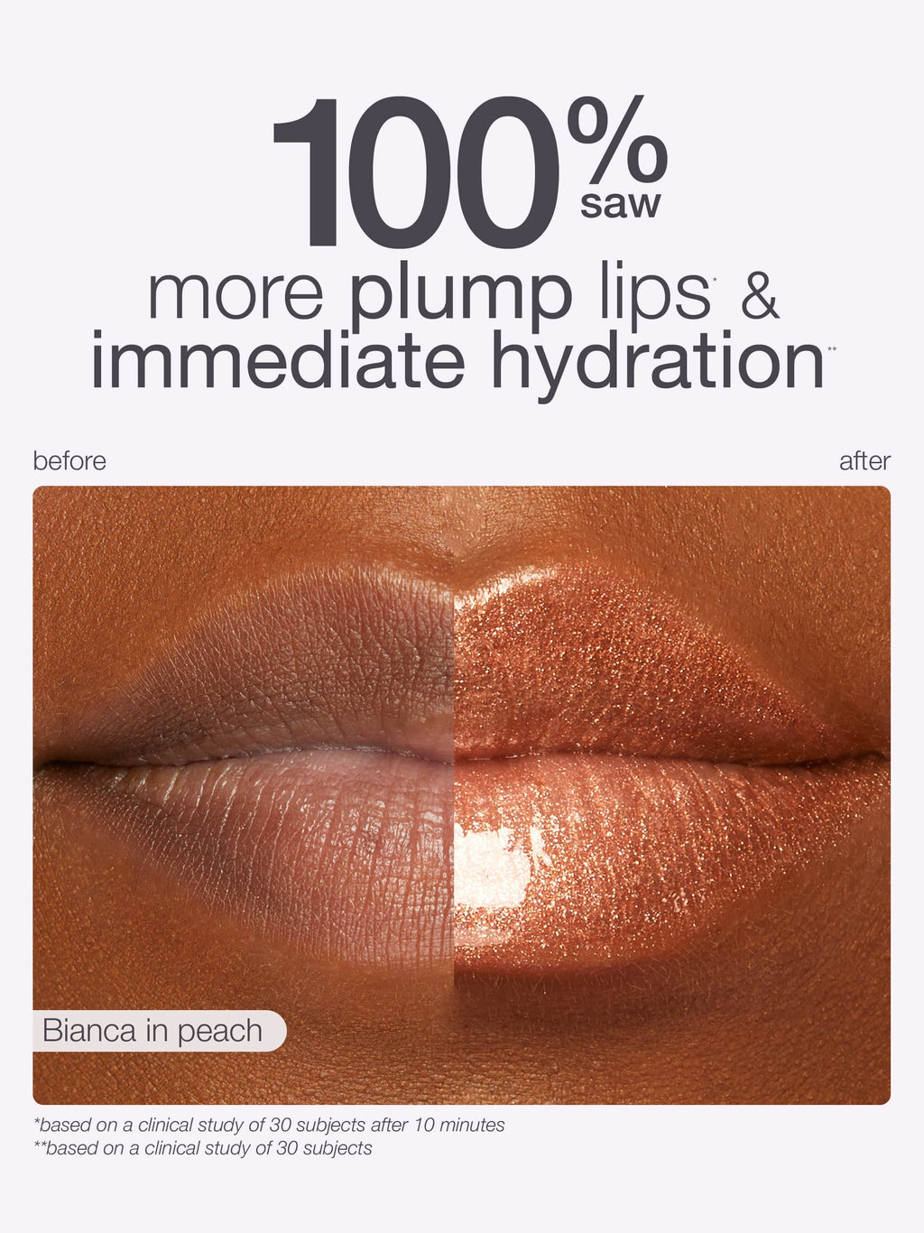 Lipstick comparison showing 'before' and 'after' effects with text about plump lips and hydration with maracuja juicy lip plump